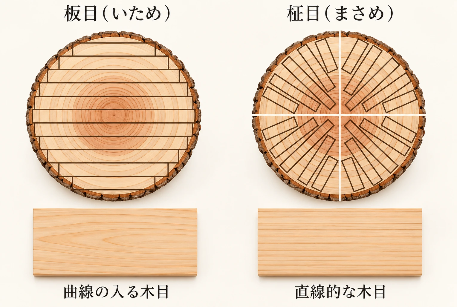 板目と柾目の木取りと木目の違いを並べた説明図