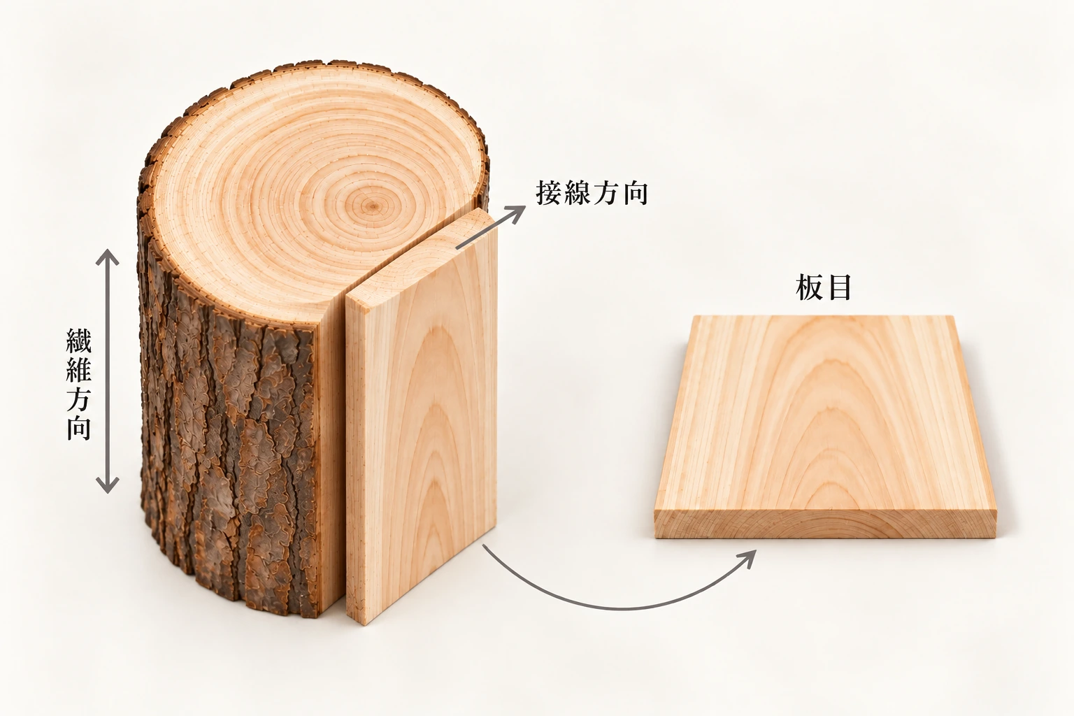 丸太と一枚の板で板目の見え方を表した説明図