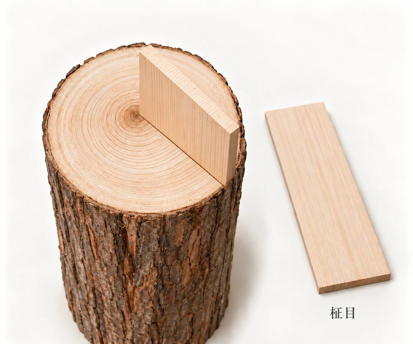 丸太の中心から取る一枚の板で柾目の見え方を表した説明図